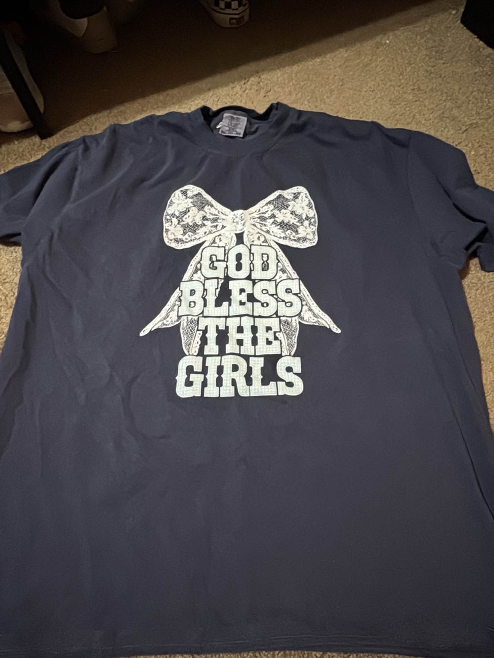 Comfort Colors Navy Graphic Tee with White Bow and Text